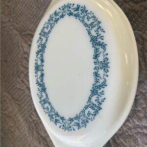 Pyrex Blue Ivy 1.5 Qt Divided Dish with Cradle Vintage 1970s